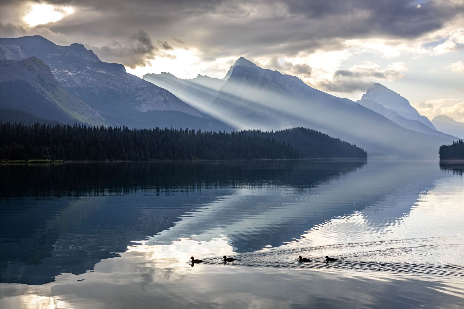 Sunbeams pierce through clouds over a mountain lake where ducks create ripples on the reflective surface.