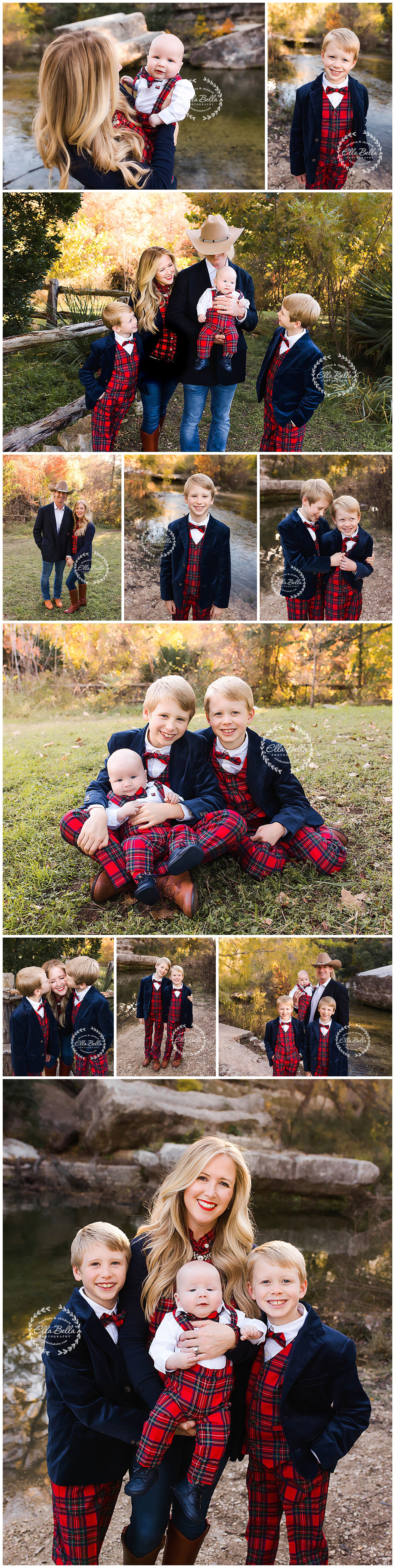 Family photo collection featuring matching plaid outfits and navy jackets in autumn setting.