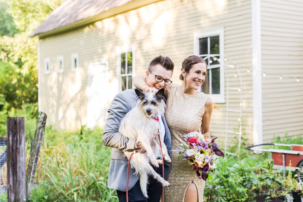 fun wedding portrait with dog