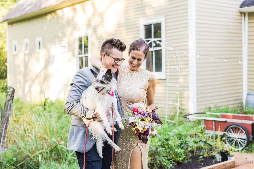 fun wedding portrait with dog