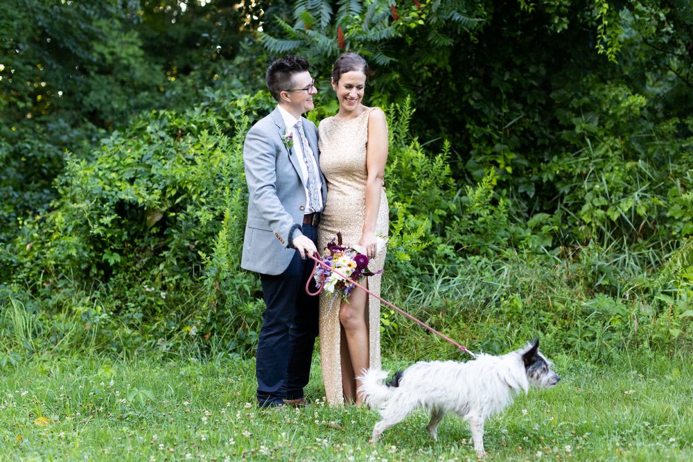 fun wedding portrait with dog