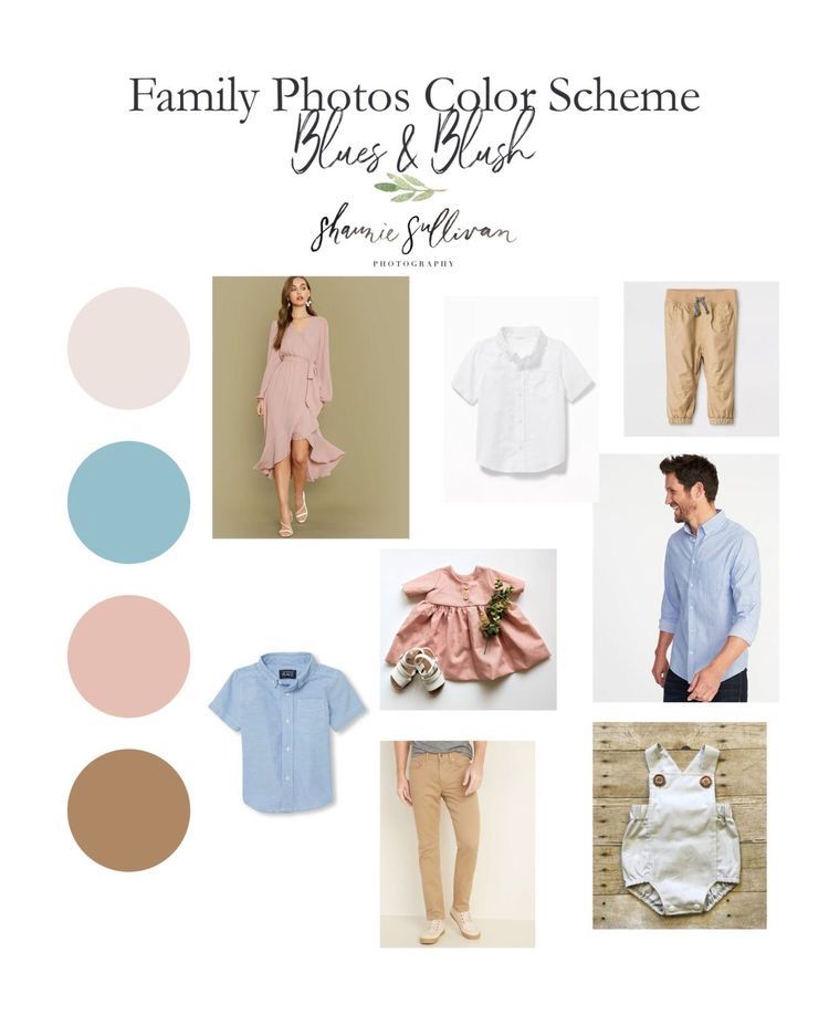 Style guide with soft blue, pink and tan colors displaying coordinated family outfit options.