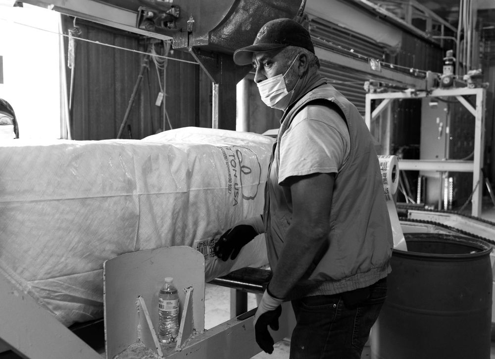 Black and white image of workers processing cotton in an industrial facility.