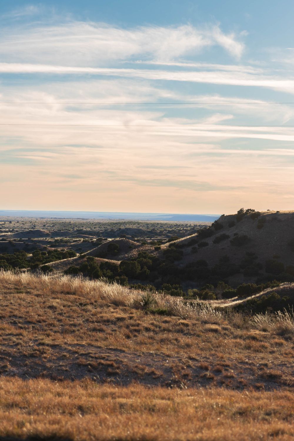 Rolling golden hills extend to the horizon under a bright blue sky with wispy clouds.