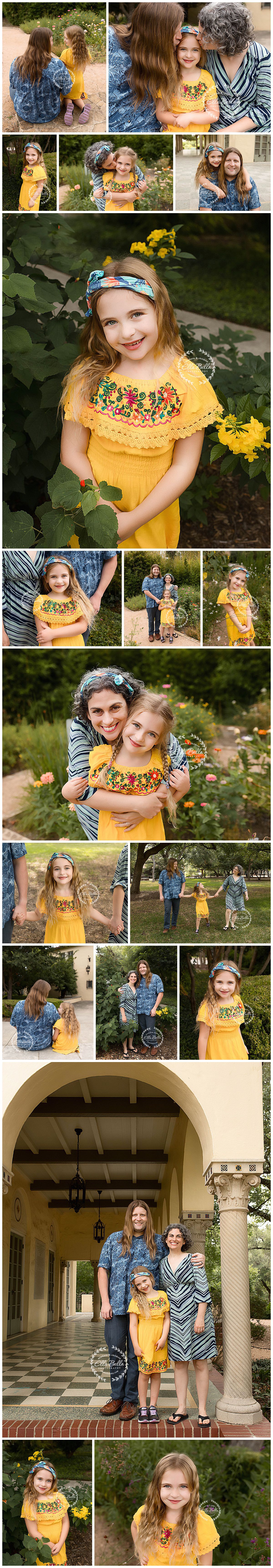 Family photo session in garden setting with yellow dress and coordinating blue outfits.