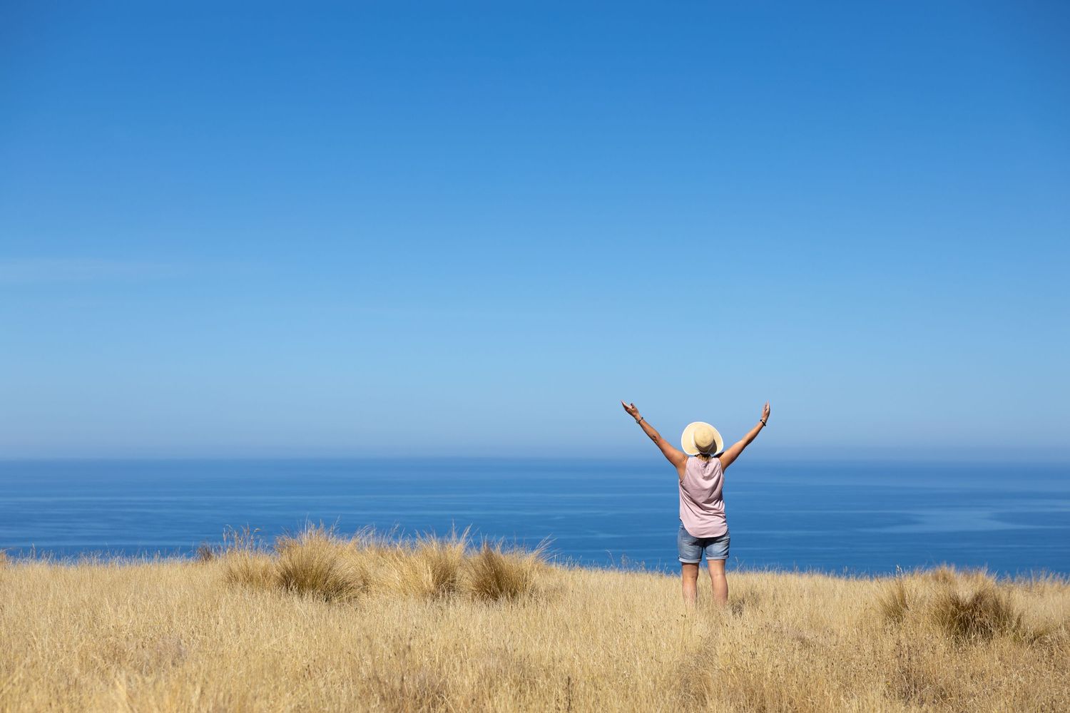Person with raised arms celebrating on hilltop overlooking blue ocean vista.