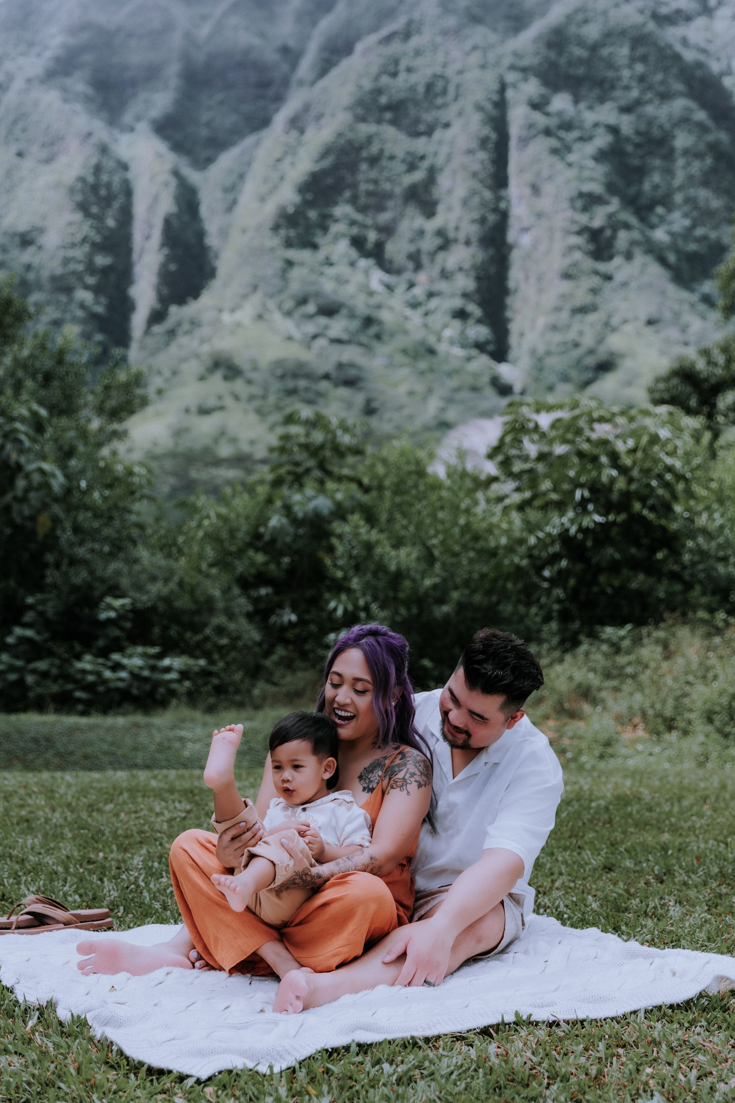 Family enjoying a picnic on a blanket with dramatic mountain peaks in the background.