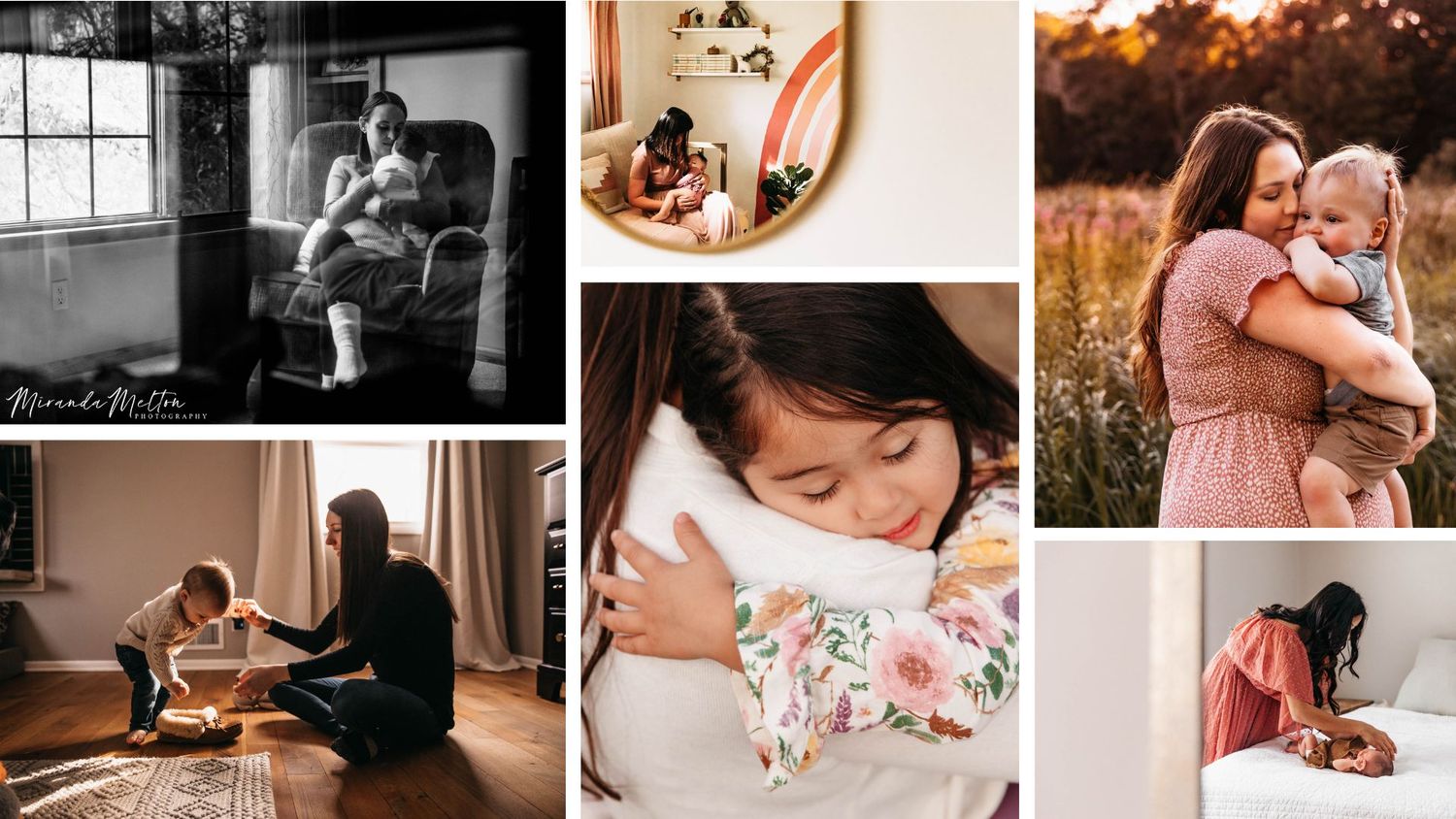 Collage of 6 candid, documentary-style images of mothers with their children
