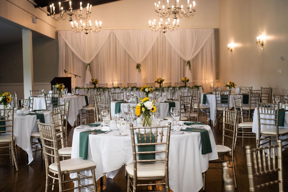 Wide shot of banquet hall wedding decor at Stratford Country Club