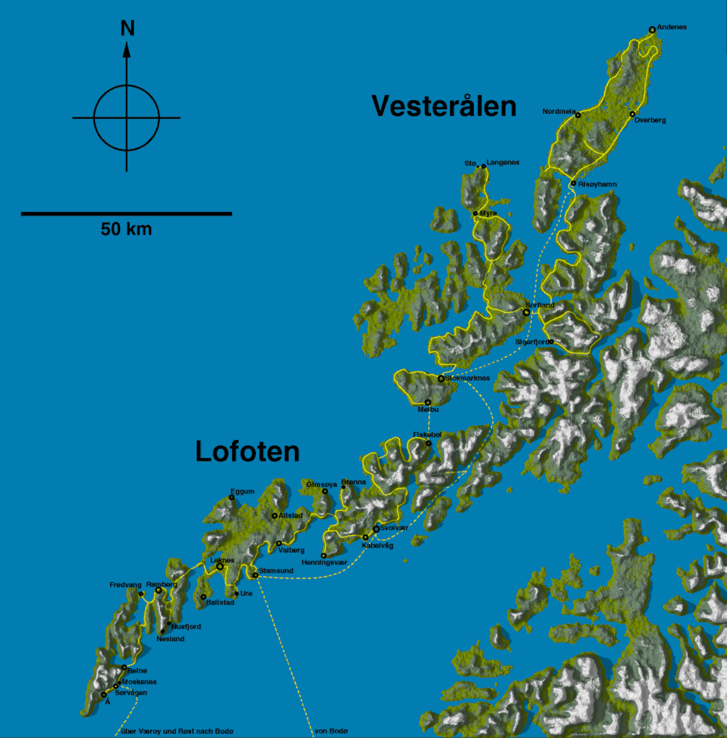 Detailed map showing the Lofoten archipelago and Vesteralen islands in northern Norway.
