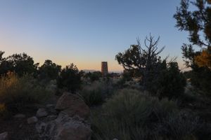 Desert landscape at sunset with silhouetted trees against a fading blue sky.