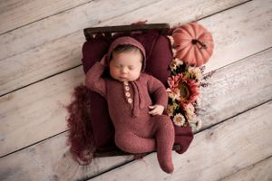 Sleeping newborn girl on her back in a tiny bed, wearing a plum-colored sleeper and bonnet with fall flowers and pink pumpkins by the bed.