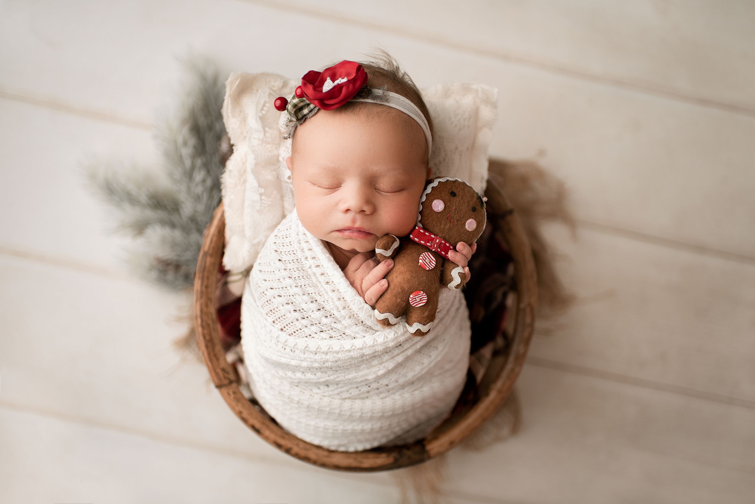 holiday image of a sleeping newborn girl in a basket snuggling with a tiny stuffed gingerbread man. Baby is wrapped in white.