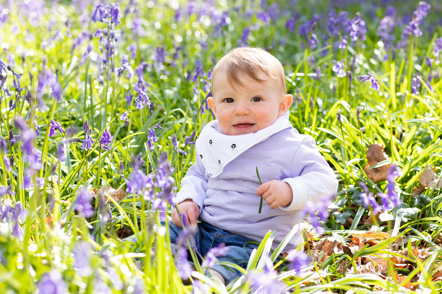Baby sitting among purple bluebells in a spring woodland wearing white.