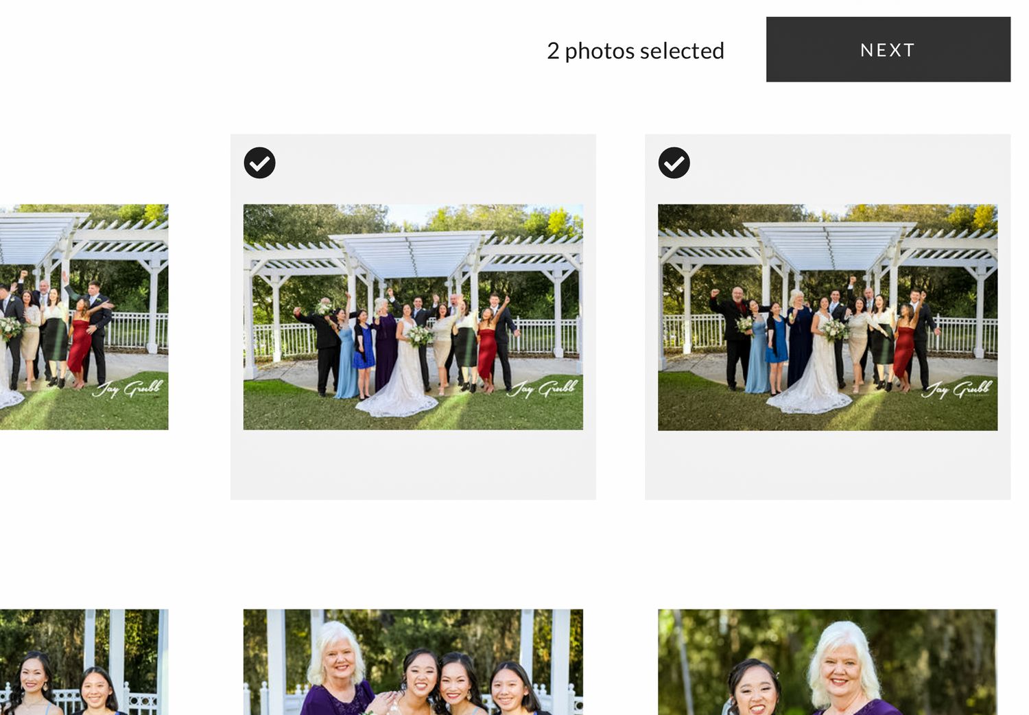 Wedding party group photos selection interface showing outdoor gazebo ceremony setting.
