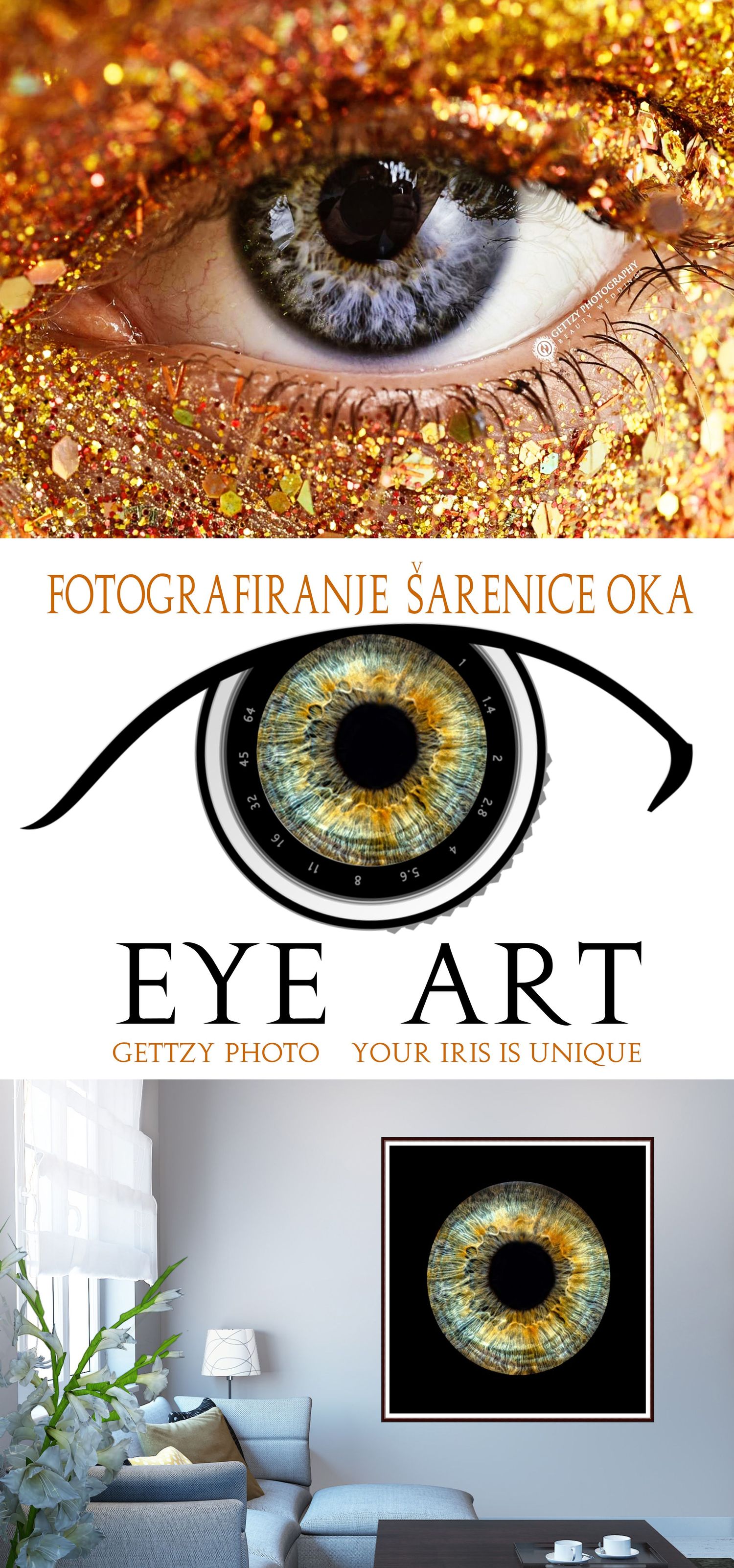 Close up art photographs of eyes with unique iris patterns surrounded by glittering gold makeup and artistic effects.