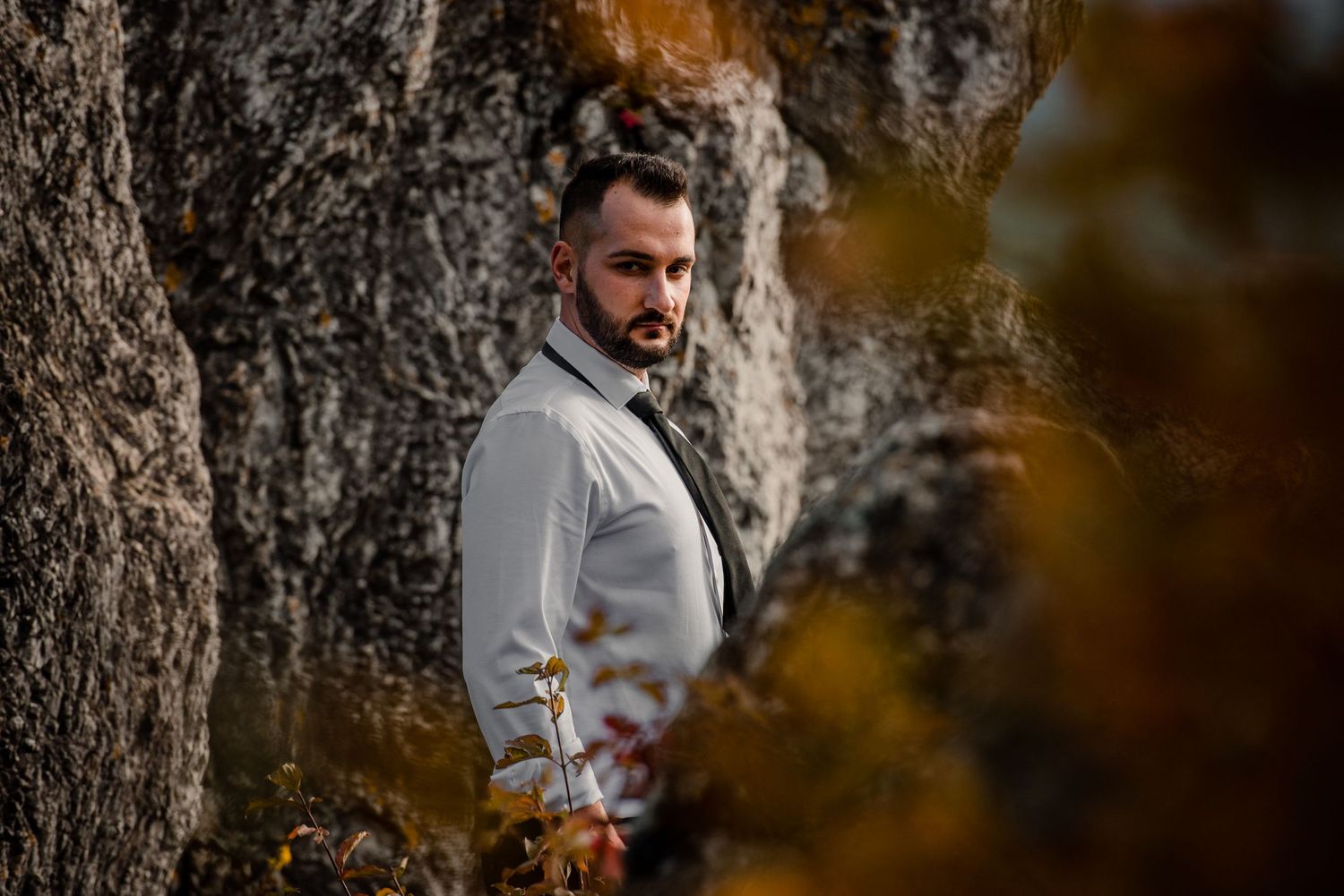 A suited figure stands beside a large tree trunk in autumn with bokeh effects in the foreground.
