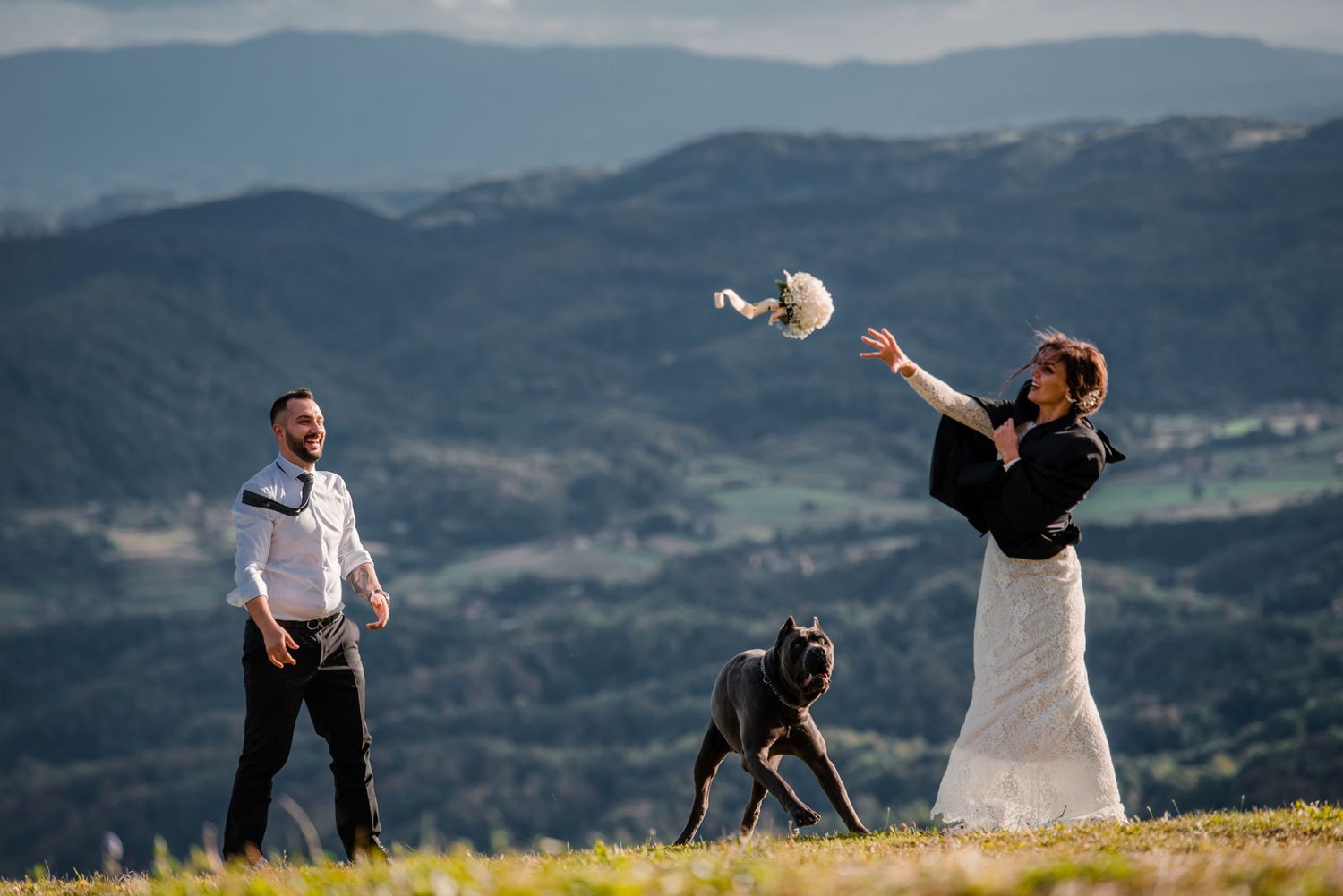 Hochzeitsfoto in den Bergen, inklusive Hund