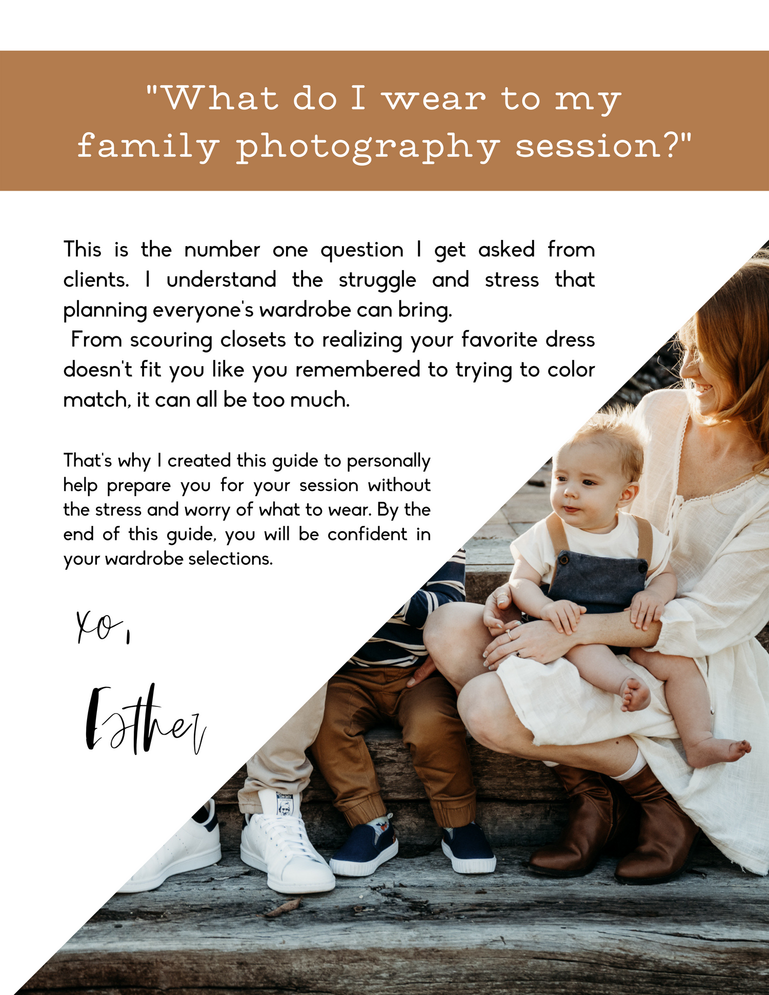 Photography guide page explaining what to wear for family photo sessions with styling tips.