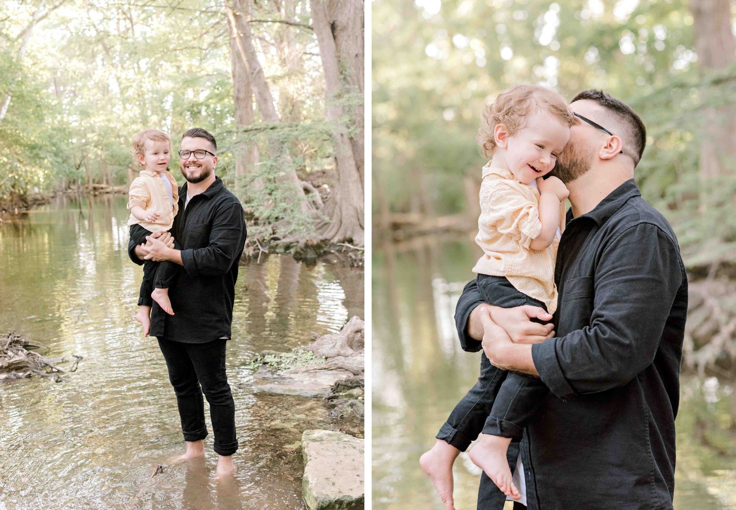 Side-by-side portraits showing sweet family interactions by a woodland stream.