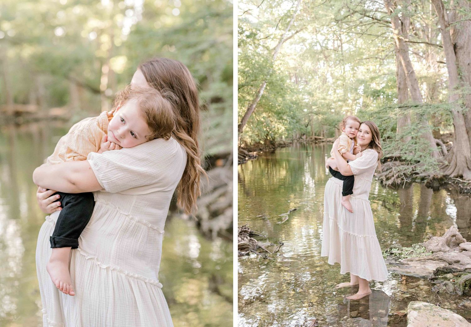 Tender maternity moments captured by a pond with reflective water and overhanging trees.