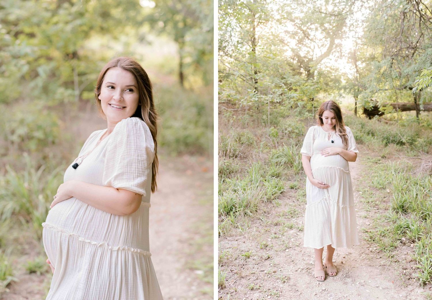 Two artistic maternity photos showing a woman in a flowing white dress on a natural path.