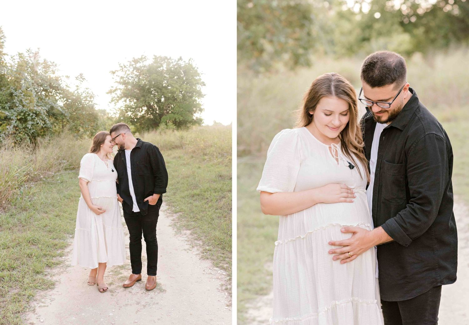 Sweet maternity photos showing a couple sharing intimate moments on an outdoor trail.