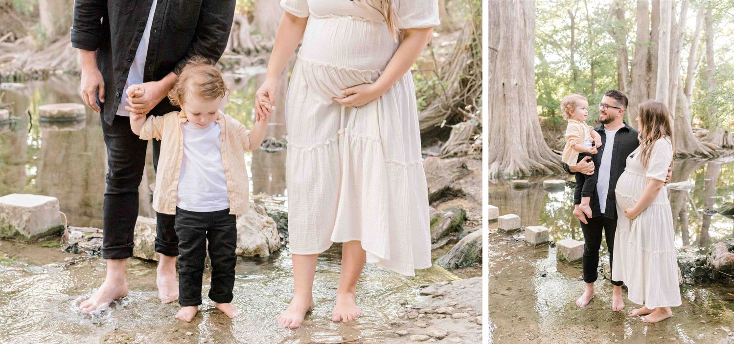Candid maternity photo shoot moments by a creek showing tender family interactions.