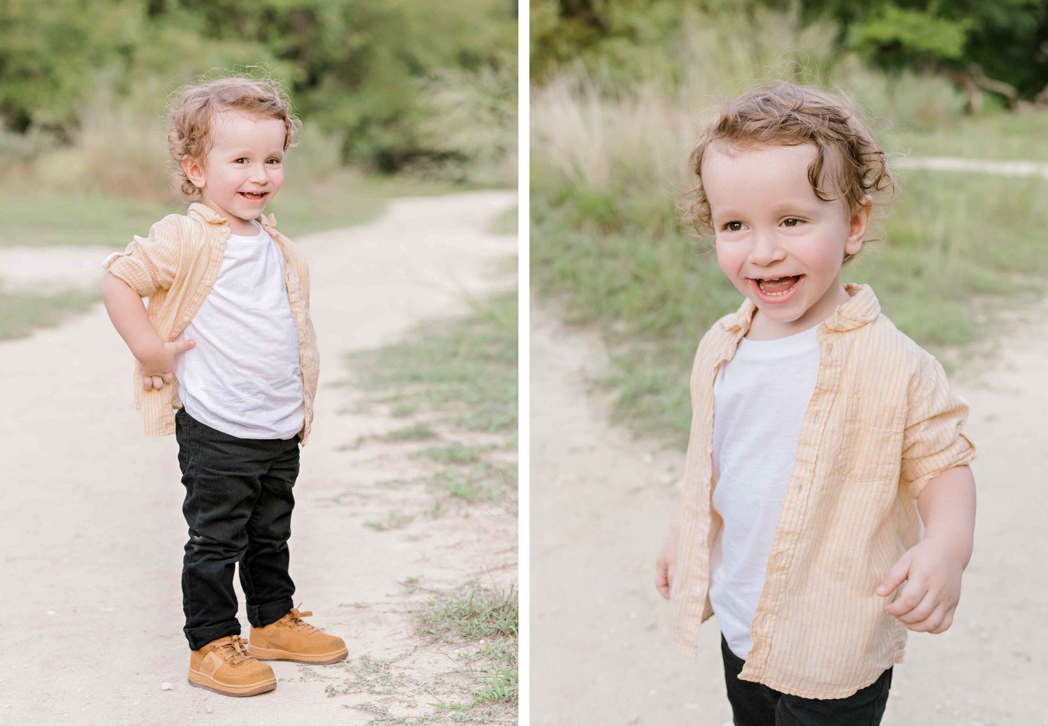 Side-by-side portraits of a happy toddler wearing a peach jacket and boots outdoors.