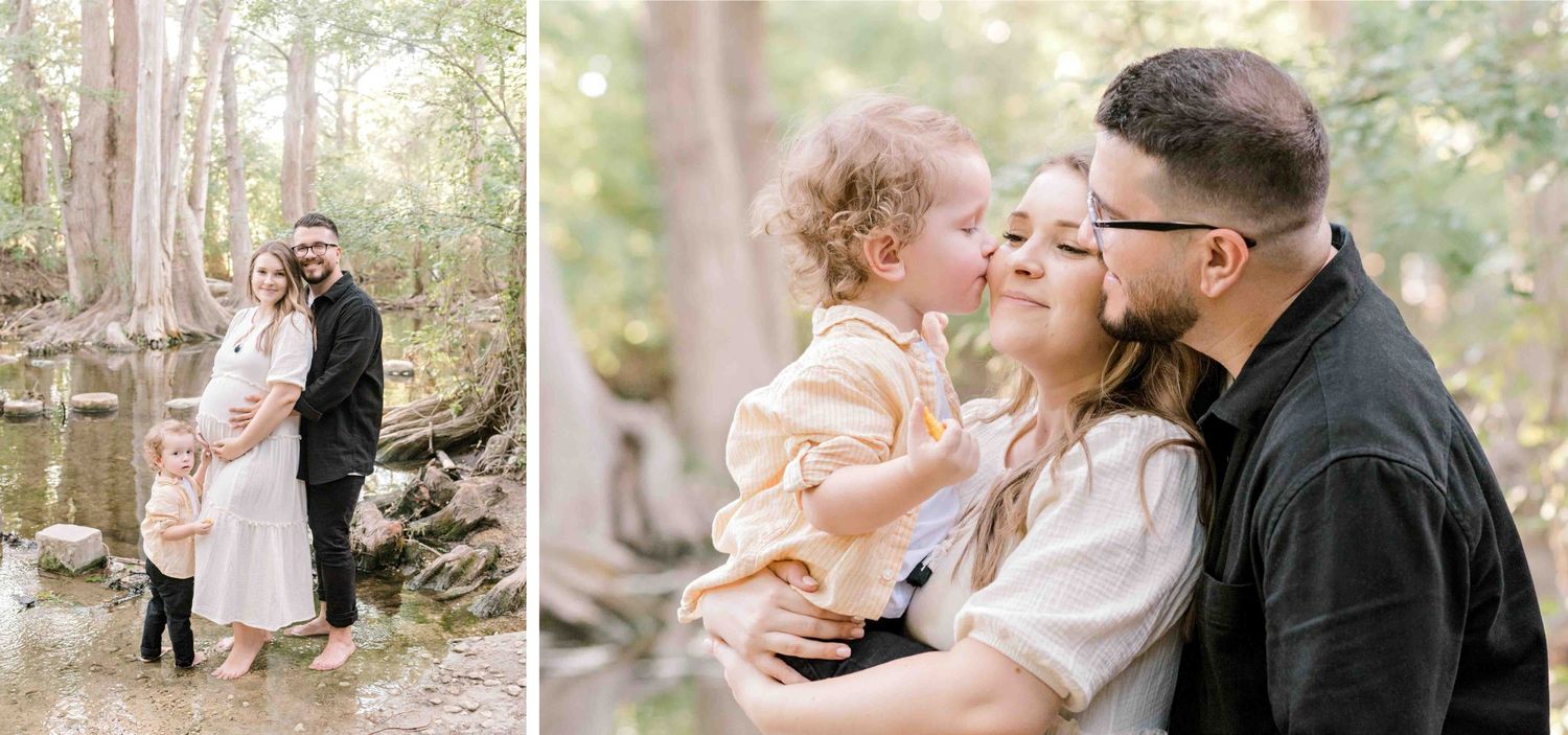 Side-by-side maternity portraits of a family enjoying moments together by a woodland stream.