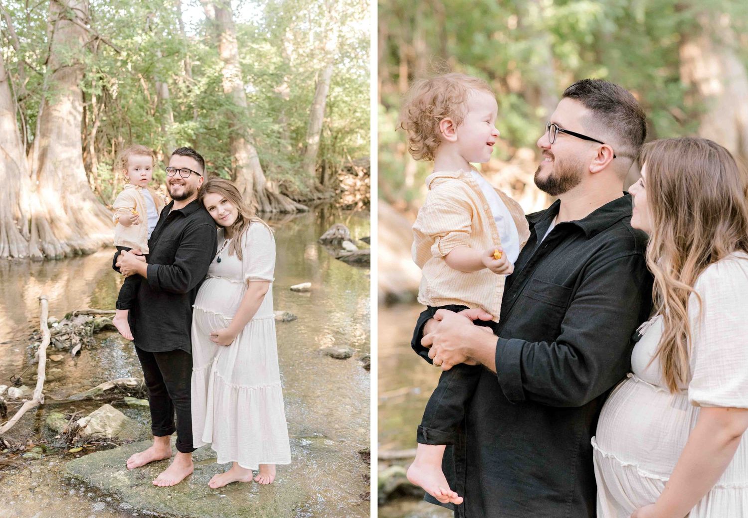 Natural light maternity photos of a family sharing tender moments by a forest creek.