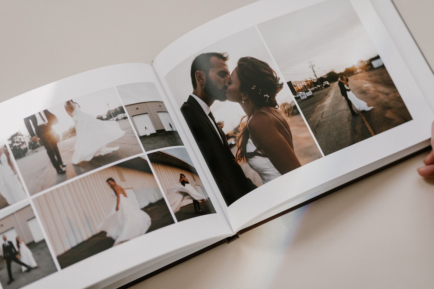 PEI wedding lay flat photo album showing bride and groom portraits at golden hour at PEI Brewing Co.