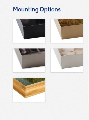 Display of five different photo mounting frame options in various colors and finishes.