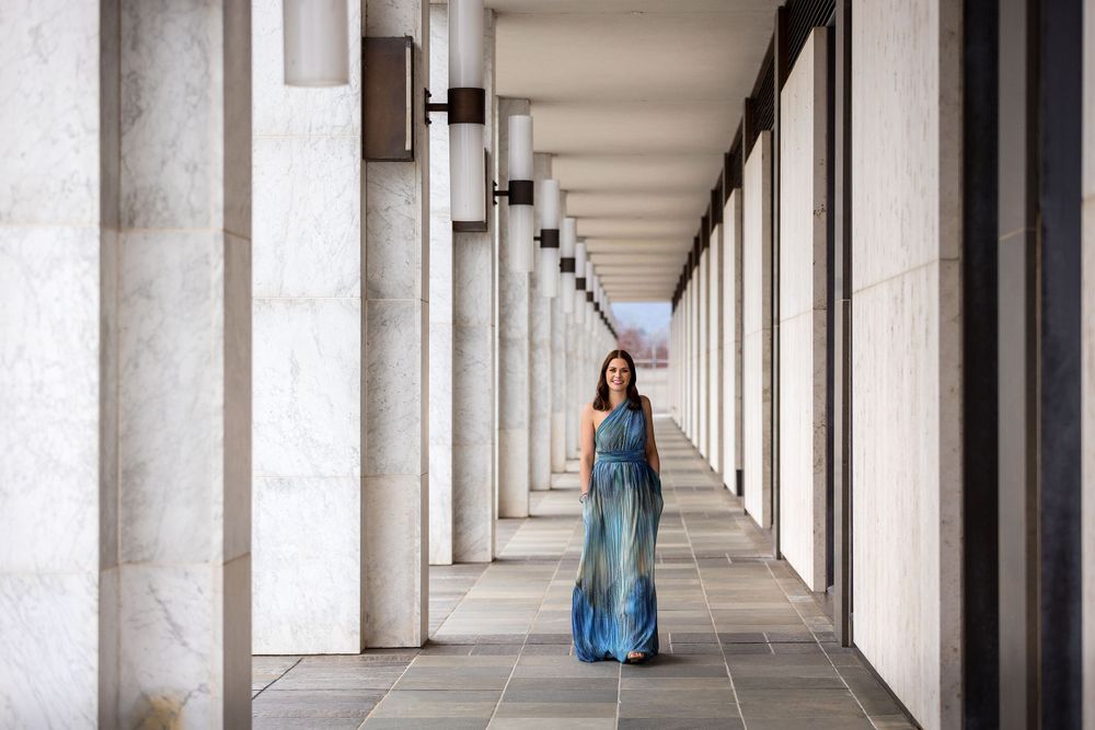 Kirstie Fitzpatrick from 7 News Regional wearing a Blue Dress at the National Library of Canberra.