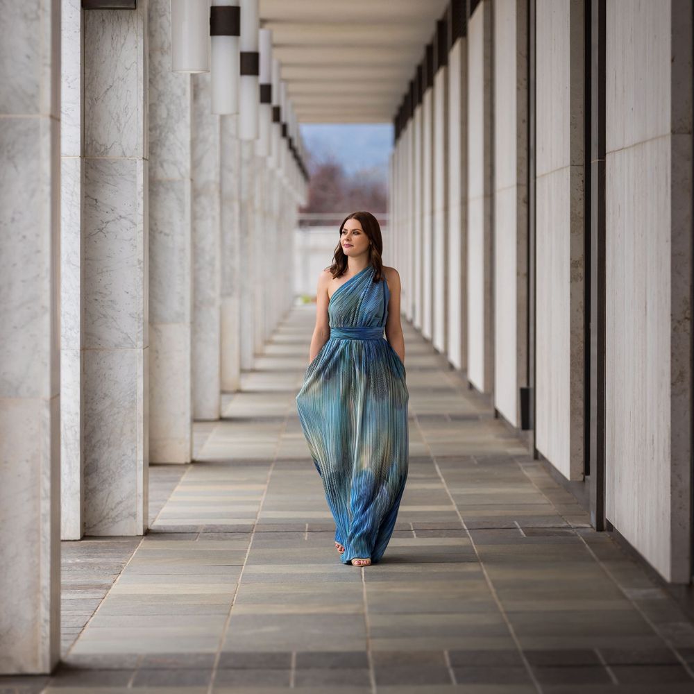 Kirstie Fitzpatrick from 7 News Regional wearing a Blue Dress at the National Library of Canberra.
