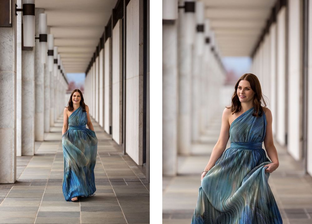 Kirstie Fitzpatrick from 7 News Regional wearing a Blue Dress at the National Library of Canberra.