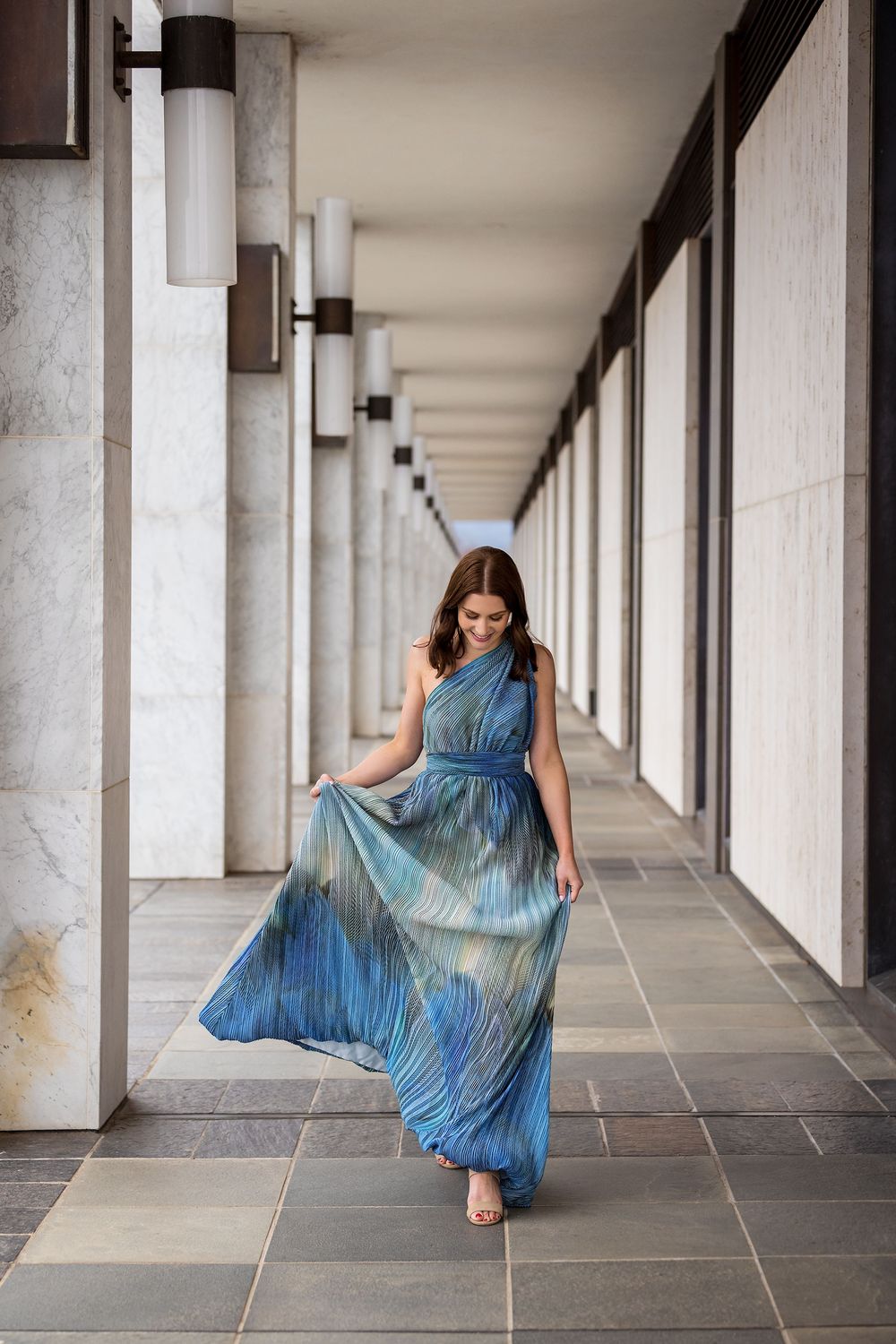 Kirstie Fitzpatrick from 7 News Regional wearing a Blue Dress at the National Library of Canberra.