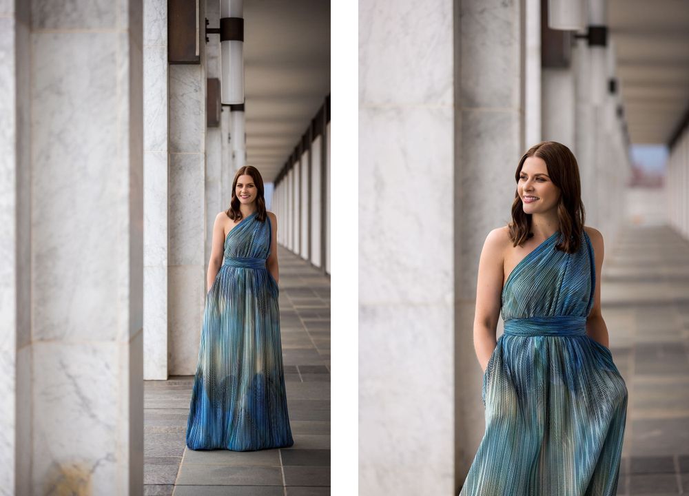 Kirstie Fitzpatrick from 7 News Regional wearing a Blue Dress at the National Library of Canberra.