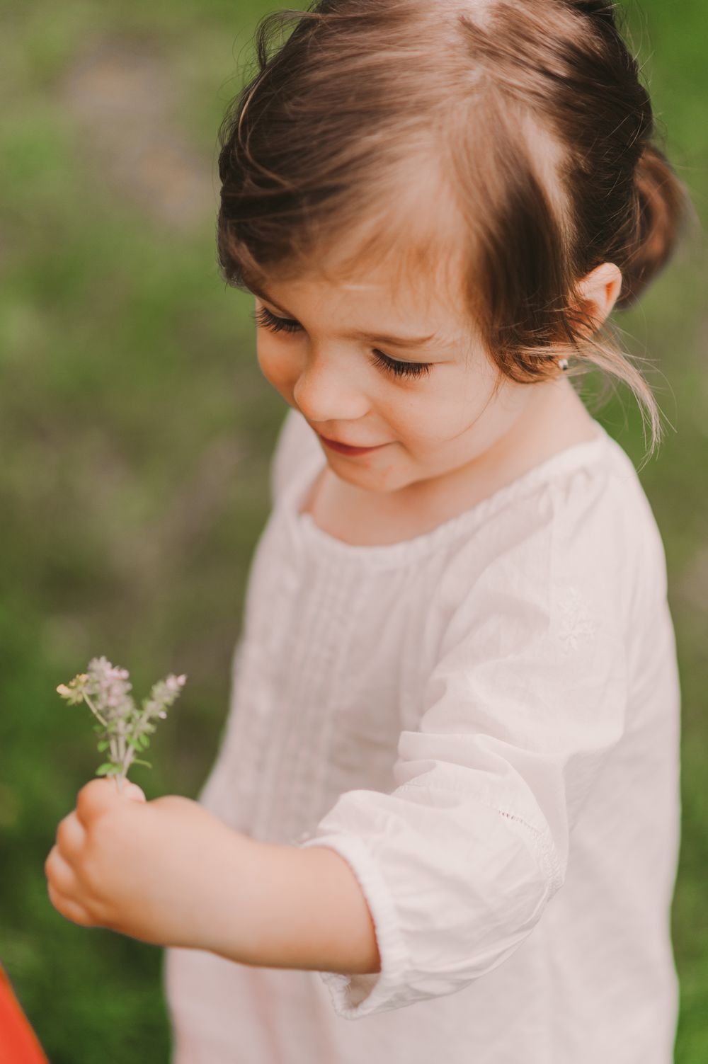 Child in white dress examining tiny wildflowers with curiosity in a natural setting.
