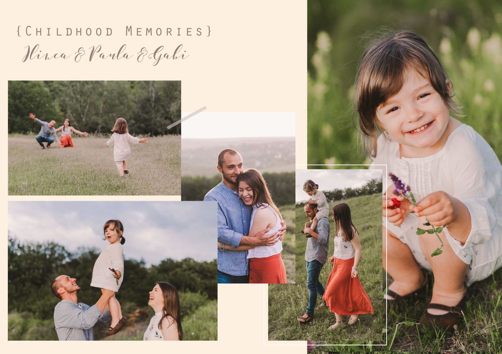 Collection of candid family photos showing playful moments in an outdoor setting.