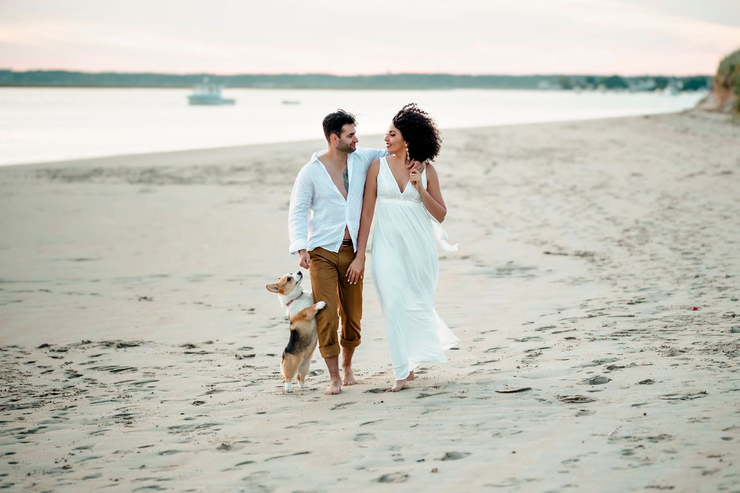 Couple strolling together on sandy beach during sunset with dog.