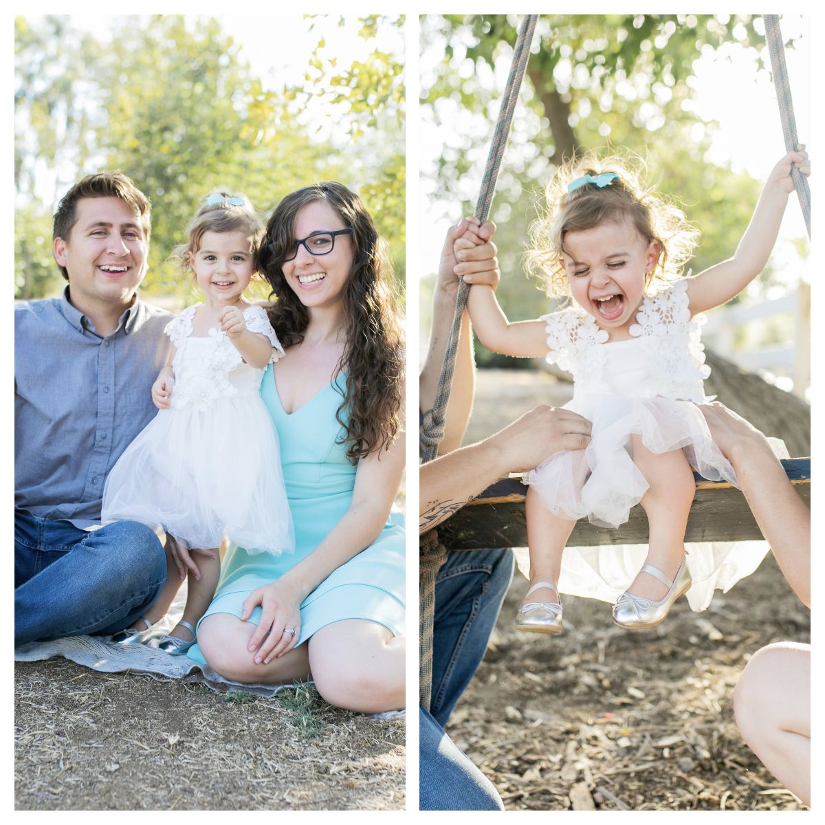 Ashley Ann Imagery and her family. mom and dad sitting smiling with daughter standing in middle and another of daughter laughing on a swing