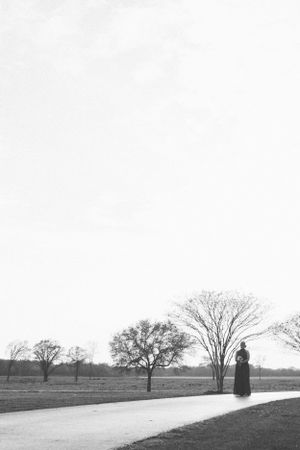 Black and white landscape with lone figure on winding path among bare trees.