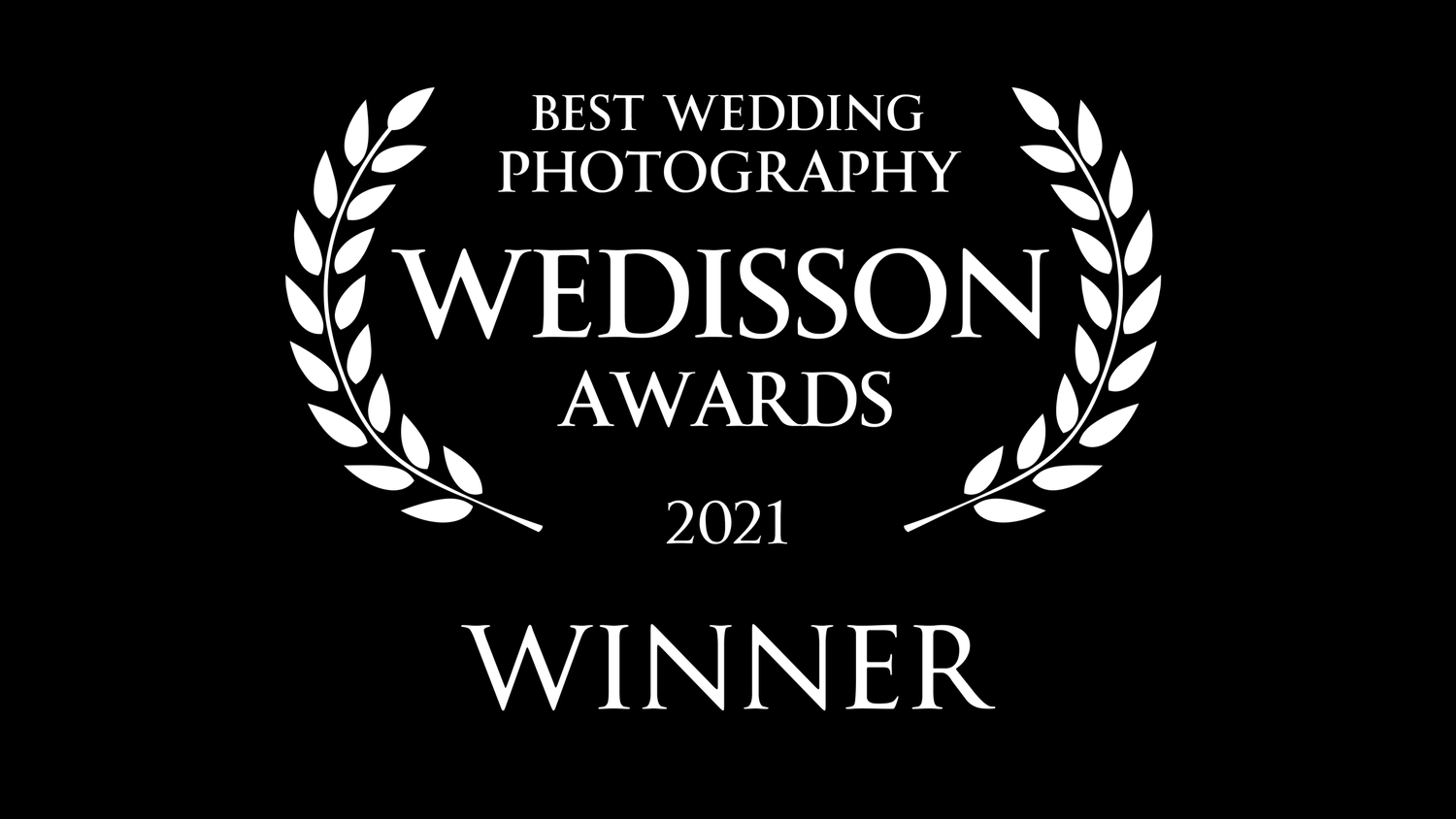 Black and white logo for Wedisson Awards 2021 Best Wedding Photography Winner with laurel wreath design.