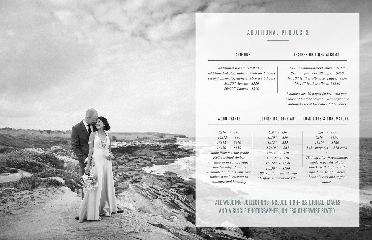 Wedding photography layout featuring black and white photos and text details on a white background.