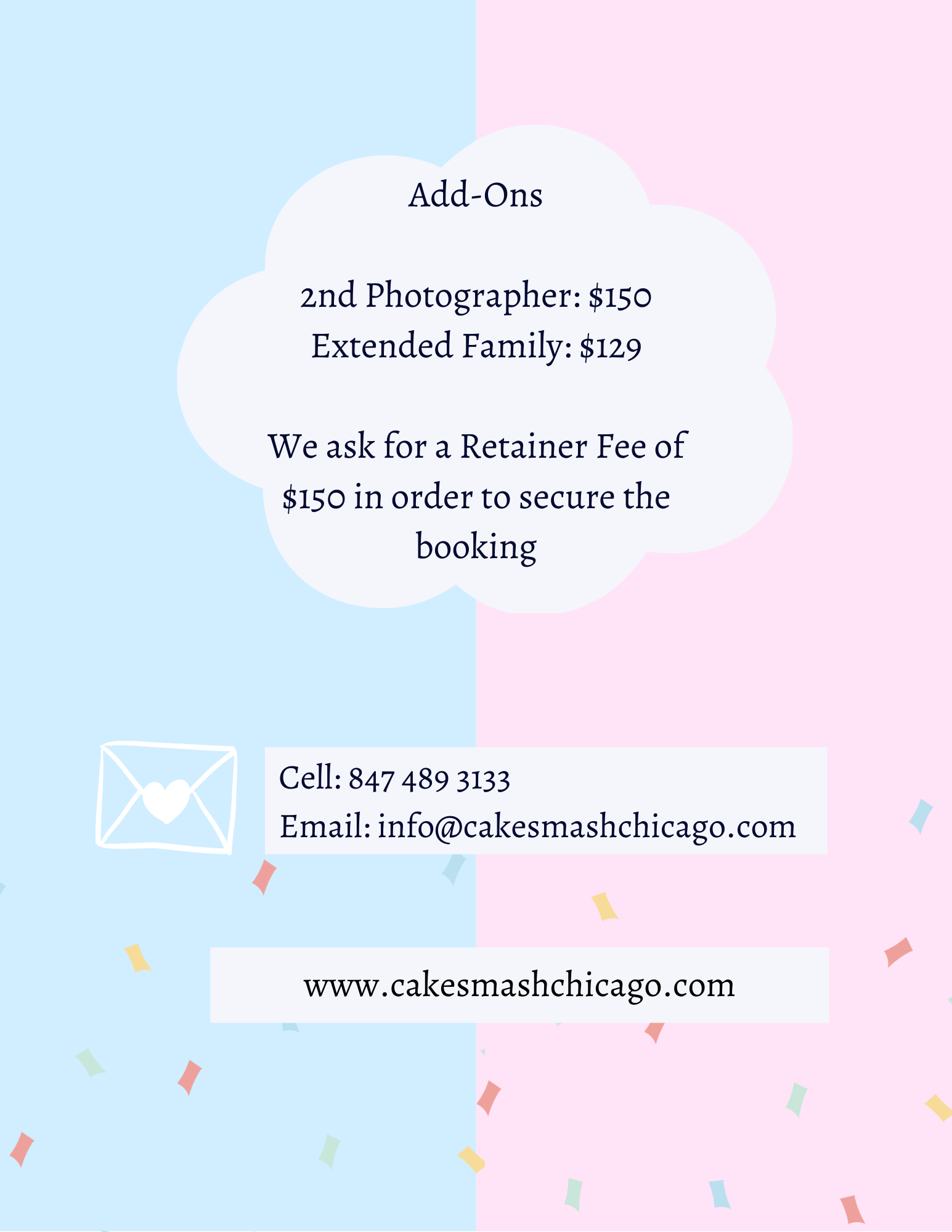 Add-on pricing information for photography services on cloud-shaped background.