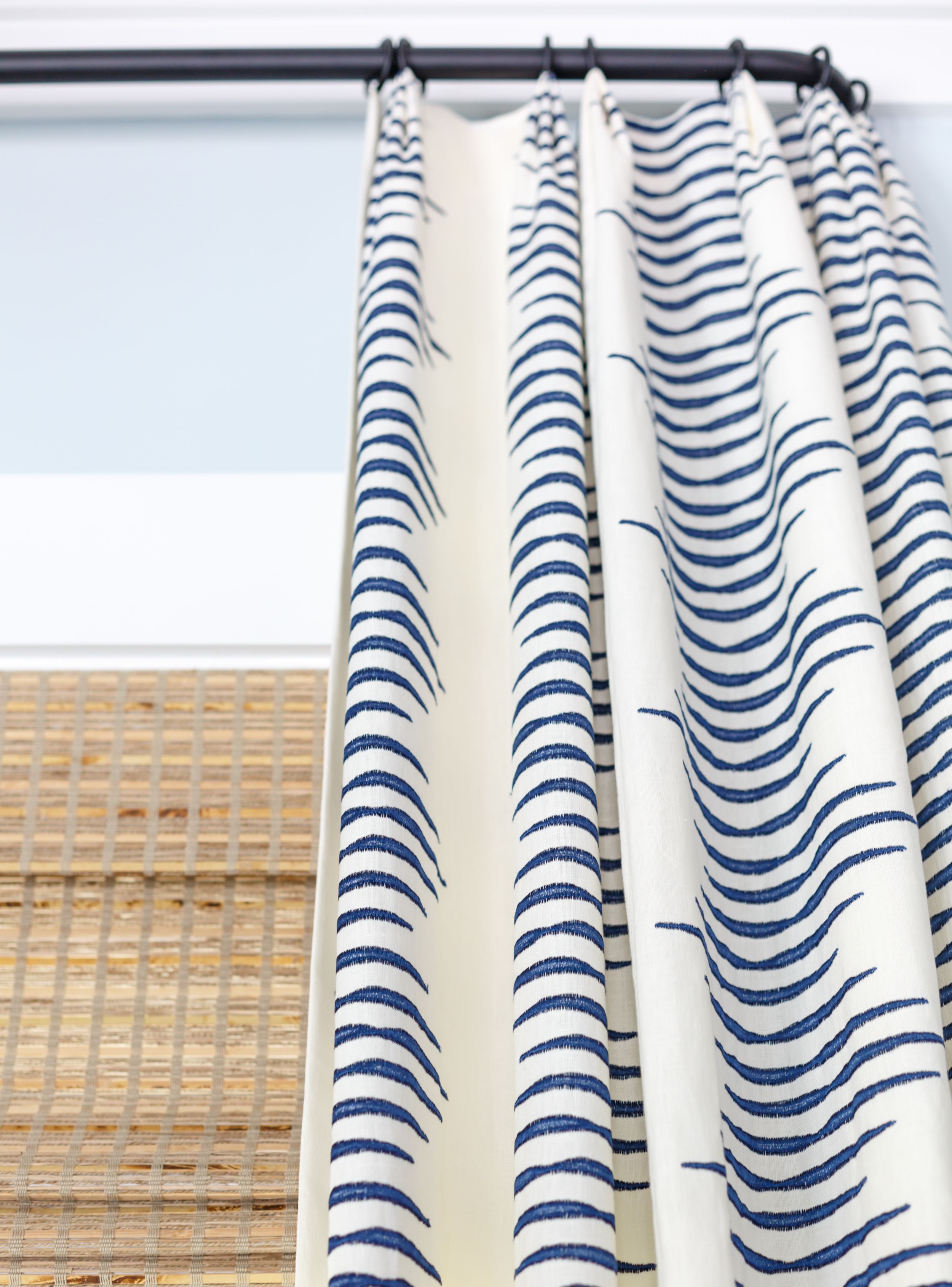 Blue and white custom, costal curtains.