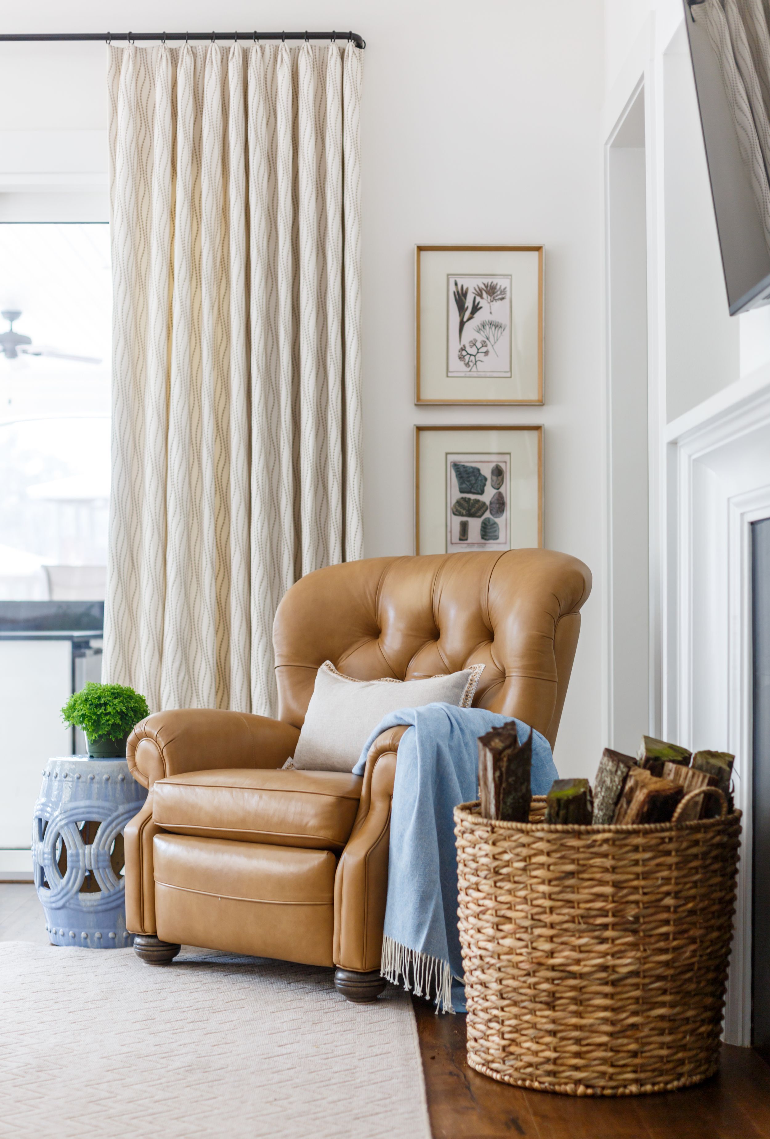 Traditional family room with Lee Industries leather armchair and custom curtains.
