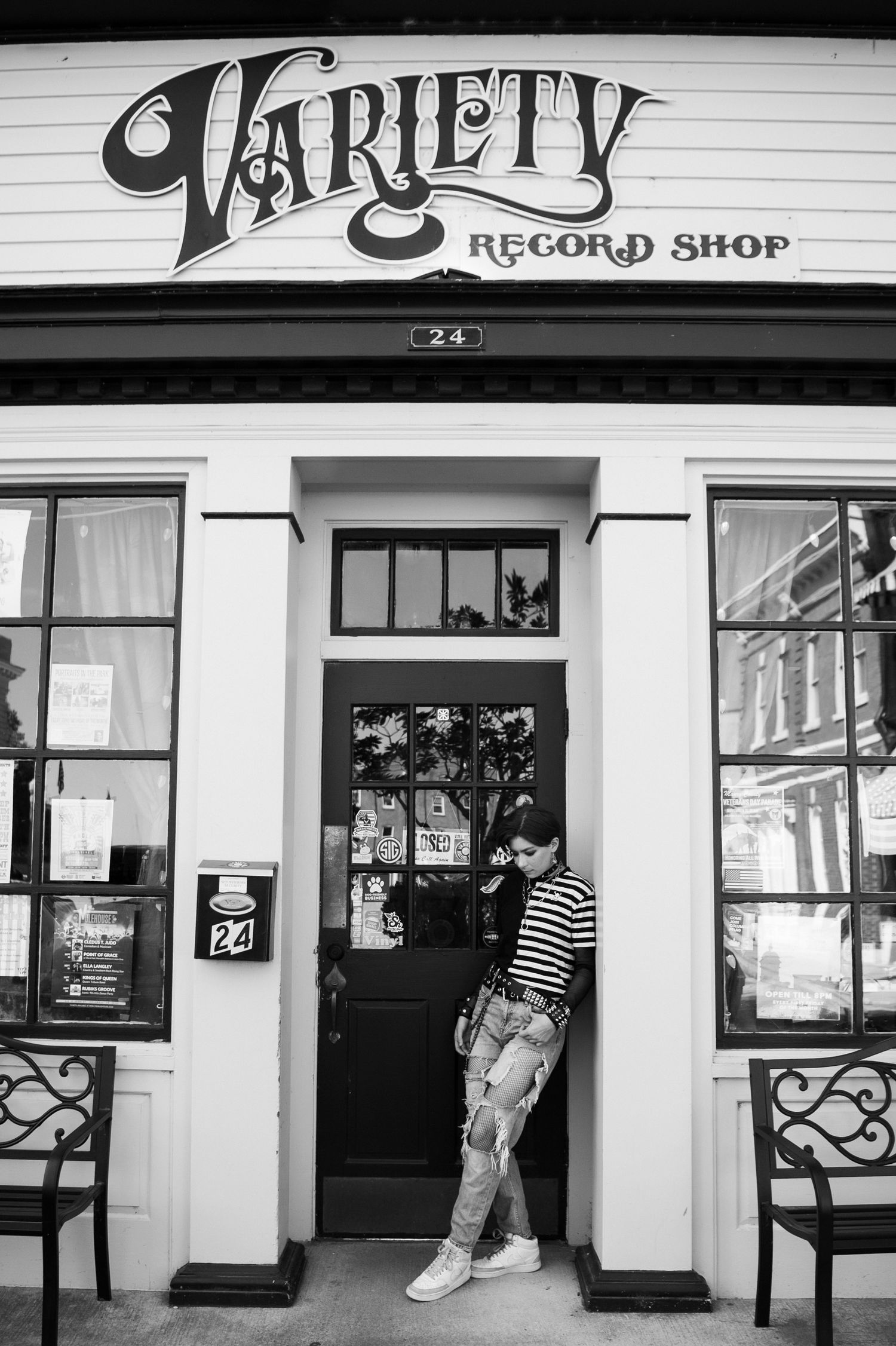 Vintage storefront of Variety Record Shop with black and white signage and classic architectural details.