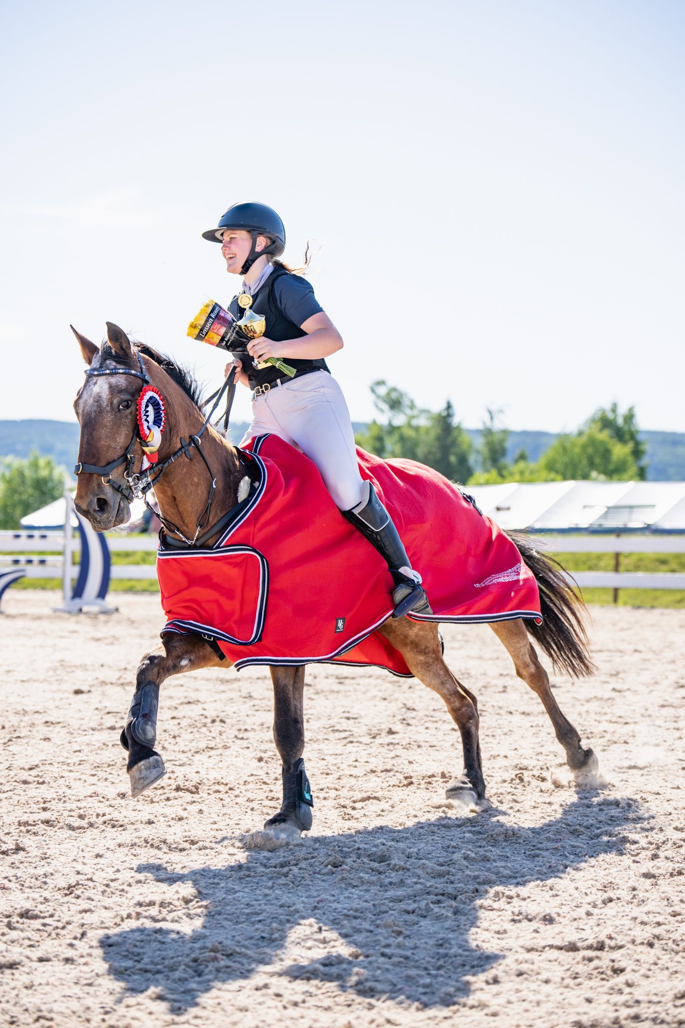 Horse in red blanket performing dressage movements in sandy arena.